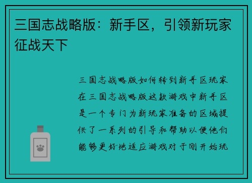三国志战略版：新手区，引领新玩家征战天下