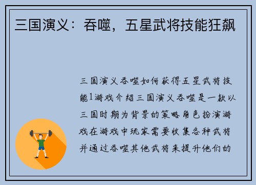 三国演义：吞噬，五星武将技能狂飙